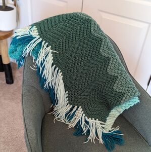 Green Ombre crochet fringe blanket